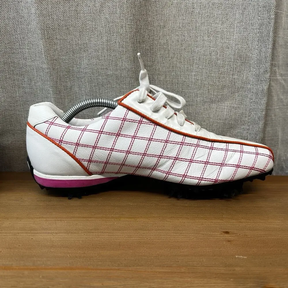 Footjoy Golf Shoes Women’s 8M Pink Plaid Orange Cleats 97222 Lace Up Spikes